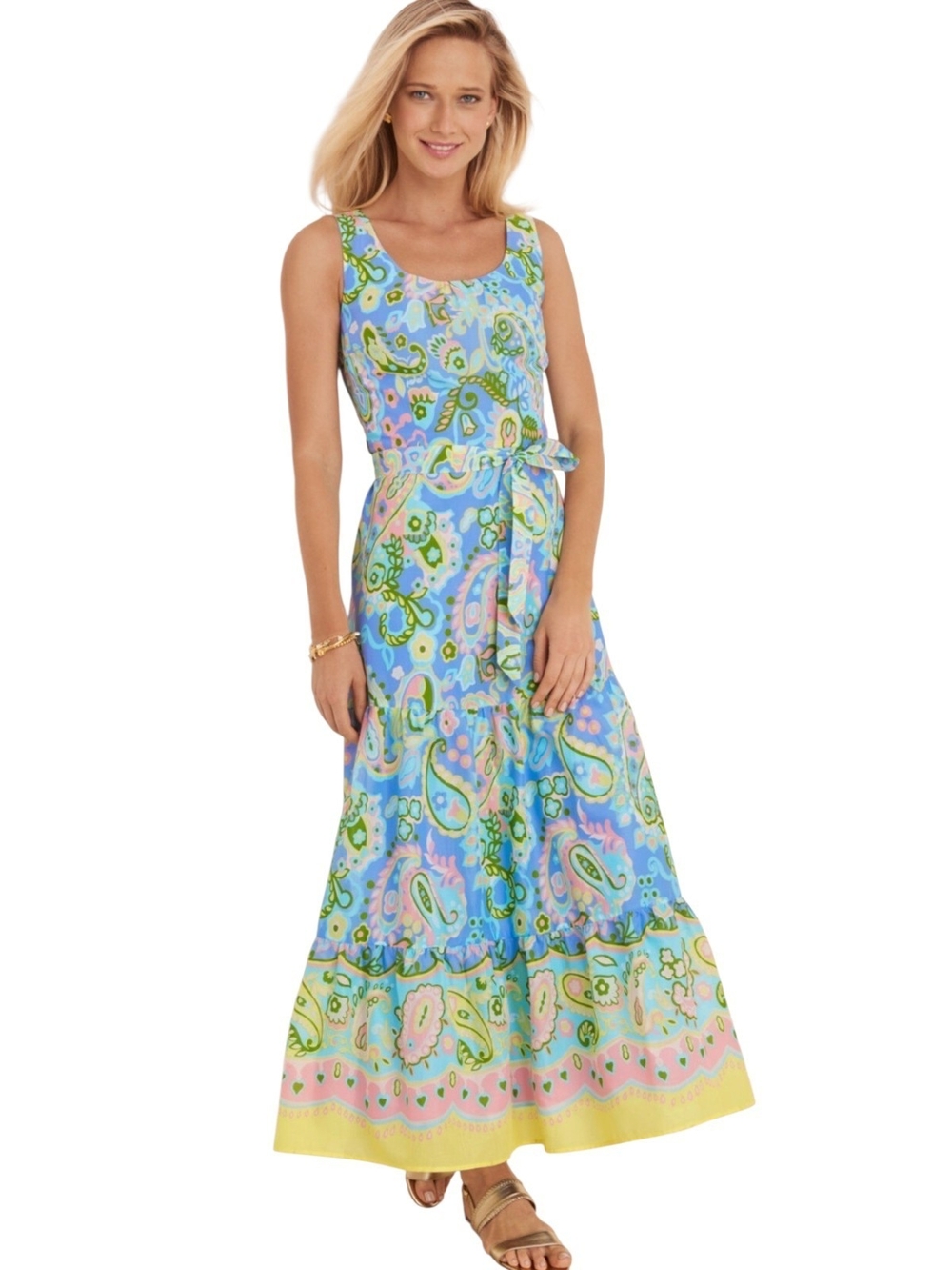 Talbots Blue & Pink Sleeveless Cotton Midi Length Dress Size 12 Petite